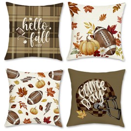 Bonhause Autumn Cushion Covers 45 x 45 cm Rugbys Pumpkins Fall Maple Leaves Brown Decorative Throw Pillow Covers for Sofa Couch Bed Home Garden Outdoor Decor Set of 4