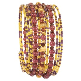 Touchstone New Excellently Handcrafted Fine Hand Cut Peridot Color Glass Natural Wood Beads Blushing Boho Gypsy Funky Designer Jewelry Spiral Cuff Bracelets in Antique Gold Tone for Women.