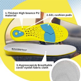 SAUDEfoot Insoles for Men and Women, Soft Comfort Cushioning, Breathable, Gel Shock Absorption, Elastic Shoe Insoles for Work, Walking, Sports (XL: UK10-13(EU45-47)), yellow