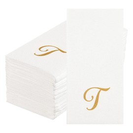 Luxenap 15.8 X 7.9 Inch Linen-Feel Guest Towels, 50 Disposable Striped Hand Towels - Gold Letter 'T', Cursive Font, White Paper Dinner Napkins, airlaid, For Restrooms And Tables - Restaurantware