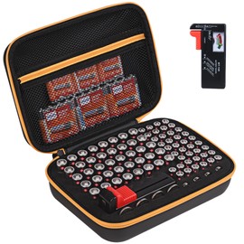 stukcaze Battery Organizer Storage Case with Tester for AA AAA Button Battery Holder Carrying 3 Batteries Variety Pack 88 Batteries Zipper Mesh Bag (Batteries Not Included) (black-orange)