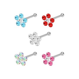 PIERCINGLINE Set of 925 Sterling Silver Nose Piercing | Crystal Flowers | Piercing Nose Stud | Set Selection, Silver, Cubic Zirconia