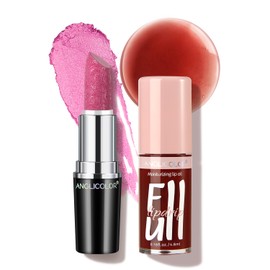 Anglicolor 2PC Lip Oil and Metallic Glitter Pink Lipstick,Natural Lip Plumper,Fruit Flavoured Lip Oil,For Dry Lip's Moisturizing Hydrating,Vegan & Cruelty-free (13 Artemis+15)