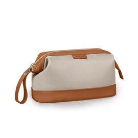 Wedama Makeup Bag, Large Capacity Travel Cosmetic Bag, PU Leather Makeup Pouch Wide Open Make up Organizer Bag Portable Makeup Case Waterproof Toiletry Bag with Handle for Women Girls, Khaki