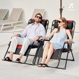 JEAREY Oversized Padded Zero Gravity Chairs Set of 2, Folding Lounge Chair Outdoor Patio Recliner, Anti Gravity Chair for Backyard with Headrest, Cup Holder, Side Tray, Polyester Mesh - Black/Red