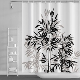 SDOTPMT 105 x 160 cm Bamboo Silhouette Shower Curtain Bamboo Leaves Sketching White Bath Curtain Classic Ink Painting Bath Curtain for Children Bathroom Polyester Waterproof with Hooks