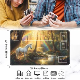 Yuxcfhjfe for TCG Playmat with Zones, Non-Slip Rubber Bottom Trading Card Game Mat with Storage Bag and 6 Dice, 24 x 14 inches for MTG Game Mat, Fantasy Unicorns