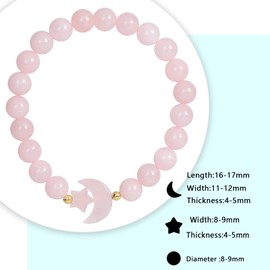 Nupuyai Carved Moon Star Crystal Stone Bracelet for Women, 8 mm Round Beads Stretch Bracelet Lucky Charm, Rose Quartz Elastic cord, rose quartz