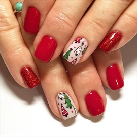 Christmas Nails Press on Short Christmas Glue on Nails Square Fake Nails Glitter Red Christmas Press on False Nails with Xmas Tree Designs Glossy Acrylic Full Cover Holiday Christmas Nails for Women