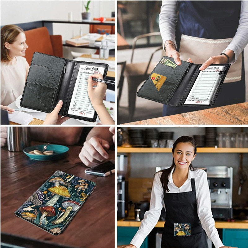 Server Books for Waitress Waiter with Zipper Pocket, Autumn Mushrooms