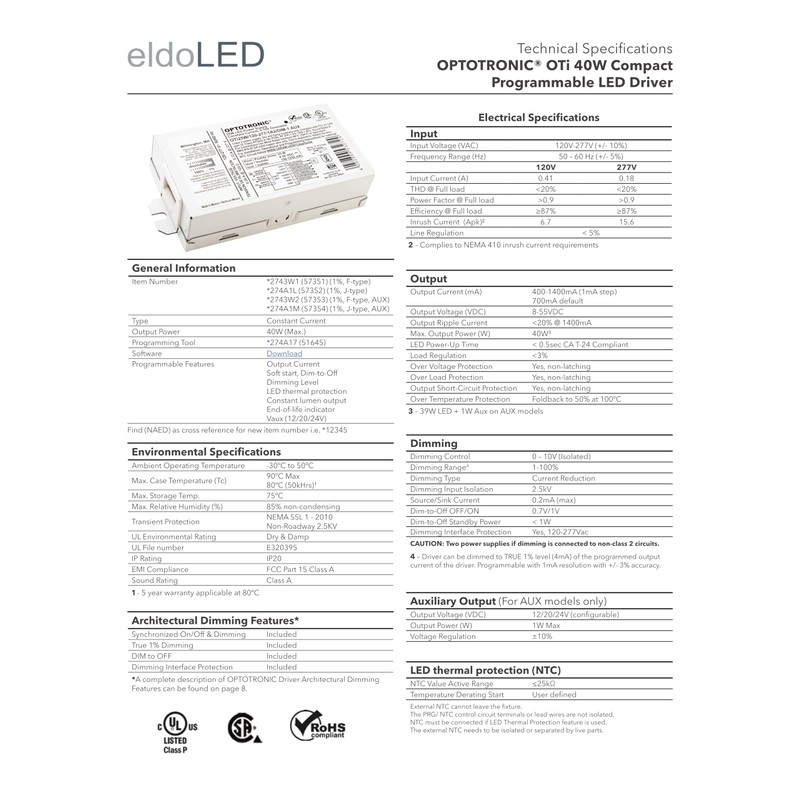 eldoLED 2743W1 (Osram 57351) Optotronic 40W 120/277V CA 50/60Hz Controlador