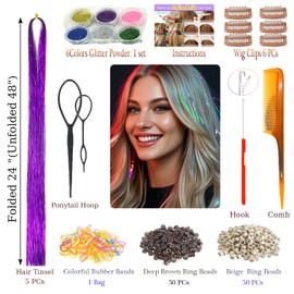 CelineBella Purple Tinsel hair Heat Resistant Violet Lavender Fairy Hair Tinsel Extensions 48 Inch 5 PCs Very Cute Easy to Use for Kids Girls(48 Inch Pack of 5Pcs, Deep Purple)