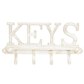 Sungmor Cast Iron Key Holder for Wall, Vintage White Keys Shape Key Rack with 4 Hooks, Rustic Wall Mount Key Organizer Hanger, Decorative Utility Hooks for Entryway, Front Door, Home Decor