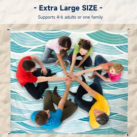 Terra Sage X 79" X 83" Beach Blanket Waterproof sandproof for 4-8 Adults, Picnic Blankets with 4 Stakes & 4 Pockets, Lightweight Outdoor Beach Mat for Travel, Camping(Wave)