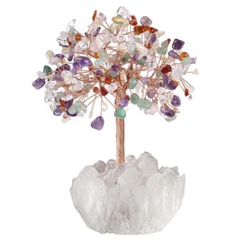 Nupuyai 7 Chakra Crystal Money Tree with Rock Crystal Cluster Base, Good Luck Fengshui Figurine Spiritual Healing Stone Tree Ornament for Home Office Decor