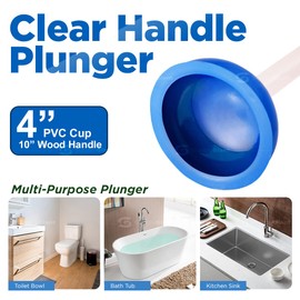 Supply Giant SU3241 Force Cup PVC Plunger, with 10” Clear Handle to Fix Clogged Sinks/Basins/Tubs