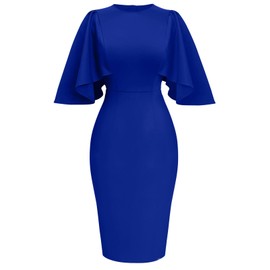 Memoriesea Women's Ruffle Flared Sleeve Bodycon Pencil Formal Cocktail Midi Dress Royal Blue