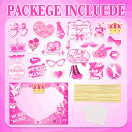Happy Galentines Day Photo Booth Props Kit, Galentines Day Photo Prop Frame&24 PCS Selfie Photo Booth Accessories with “Happy Galentine’s Day” Signs, Cute Heart Themed Party Deco for Valentine's Day