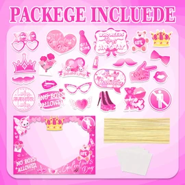 Happy Galentines Day Photo Booth Props Kit, Galentines Day Photo Prop Frame&24 PCS Selfie Photo Booth Accessories with “Happy Galentine’s Day” Signs, Cute Heart Themed Party Deco for Valentine's Day