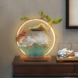 Tabletop Water Fountains, Indoor Water Fall with LED Light Zen Decor for Meditation with Mist, Japanese Decor with Fake Plants Feng Shui Decor for Good Luck Wealth