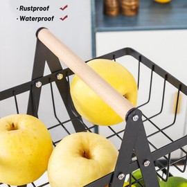 Fruit Basket Stand 2 Tier Metal with Wooden Handle, Removable Fruit Basket, Fruit Storage for Kitchen, Fruit and Vegetable Storage, Standing Fruit Baskets Shelf, Black