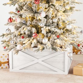 Glitzhome 32.25" L Washed White Wooden Tree Collar Tree Stand Cover Christmas Tree Skirt Tree Box for Christmas Decoration