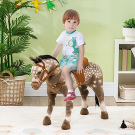 Qaba Ride on Horse, Riding Horse with Neighing Sound, Saddle, Stirrups, Ride on Animal for Kids Boys Girls 3-8 Years Old, Brown
