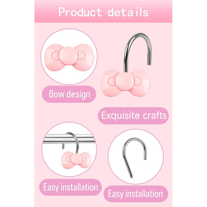 YOINIUEM Pink Bow Shower Curtain Hooks Set of 12, Cute