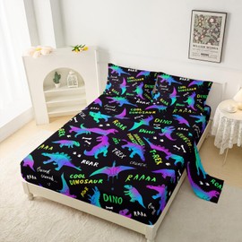 QOOMO Teal Dinosaur Sheet Sets Full Size 4 Piece, Trippy Dino Sheets for Boys Kids Teens with 2 Pillowcases and 16" Deep Pocket, T-rex Bedding Set Microfiber Ultra Soft Skin Friendly
