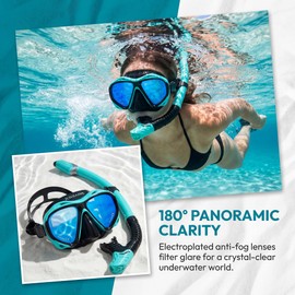 Professional Snorkel Mask with Dry Snorkel for Adults, Electroplated 180° Panoramic Wide View Anti-Fog Scuba Diving Mask Goggles, Snorkeling Gear for Adults Swimming, Diving(M3135-Pink Plated Set)