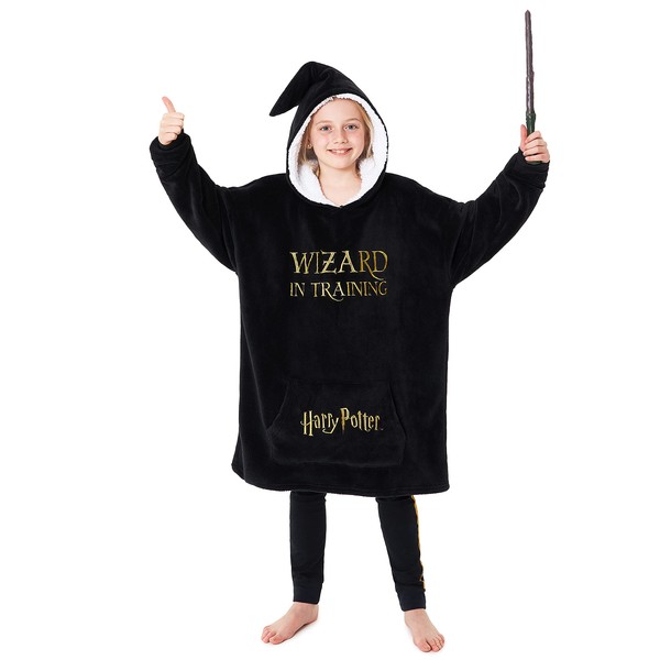 HARRY POTTER Children's Hooded Sweatshirt – Oversized Plaid Jumper for Children Teens Girls Boys, Black