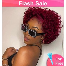 ROYAL IMPRESSION Hair 99J# Short Curly Lace Front Wigs Human Hair Pixie Cut Wig for Black Women 13x1 HD Transparent Pixie Cut Curly Lace Front Wigs Human Hair 150% Density Pre Plucked Glueless Pixie Cut Human Hair Wigs Burgundy - Size: 99J