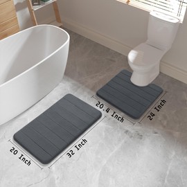 Yimobra Memory Foam Bath Mat Set, 2 Piece Soft Bathroom Rugs, 31.5x19.8 and 24x20.4 U-Shaped Bathroom Rugs, Toilet Mat, Water Absorption, Non Slip, Thick, Dry Fast for Bathroom Floor Mats, Dark Gray