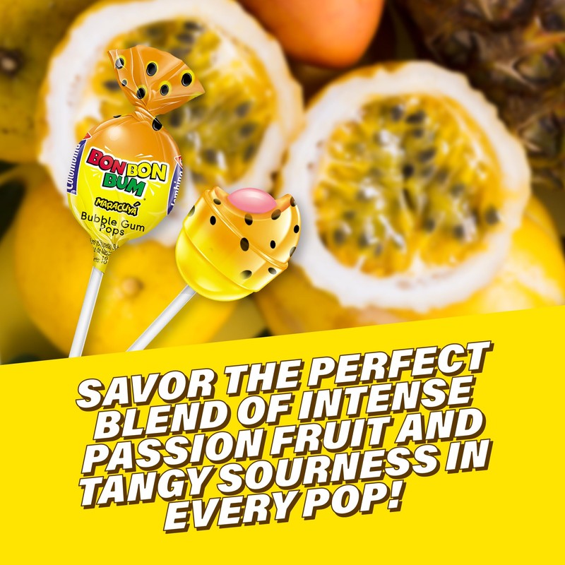 Colombina Bon Bon Bum Lollipops w/Bubble Gum Center, Passion Fruit