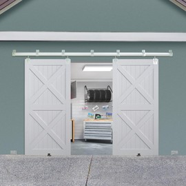 Exterior Barn Door Hardware Kit, BARNSMITH 10FT Sliding Barn Door Hardware Heavy Duty Doors Track Kit for Double Doors Use, Wall Mount, Black (Hardware Only)