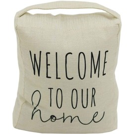 Weighted Fabric Door Stop with Sayings-Welcome to Our Home, Floor Decorative Door Stopper Wall Protector, 7.875 inches (W) x 4.75 inches (D) x 9 inches (H)