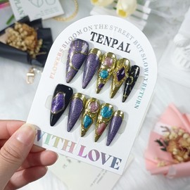 TENPAL Long Stiletto Press on Nails Handcrafted Fake Nails with Designs Luxury Irregular Cat Eyes Gold Purple Glossy Acrylic Nails Press Ons Full Cover Nail Tips Stick on Nails for Women(XS)