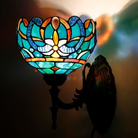 WXCFCD Tiffany Wall Sconce Lamp Stained Glass 8X10.5X11 Inch Plug in Wall Bedside Light for Hallway Bedroom (Blue Green Baroque Style)