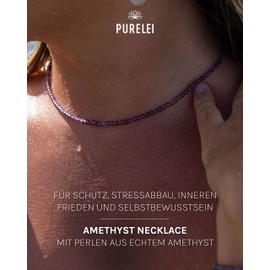 Purelei® Amethyst Necklace, Women's Necklace Made of Durable Stainless Steel, Waterproof Natural Amethyst Pearl Chain, 35-40 cm Length Adjustable, Stainless Steel, Amethyst