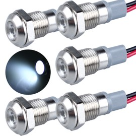 DMWD 5-Pack 8mm(1/3") LED Indicator Light with 150mm Wire 12V-24V Waterproof IP67 Metal Signal Lamp Mounting for Pilot Dash Directional Car Truck Boat (White LED)