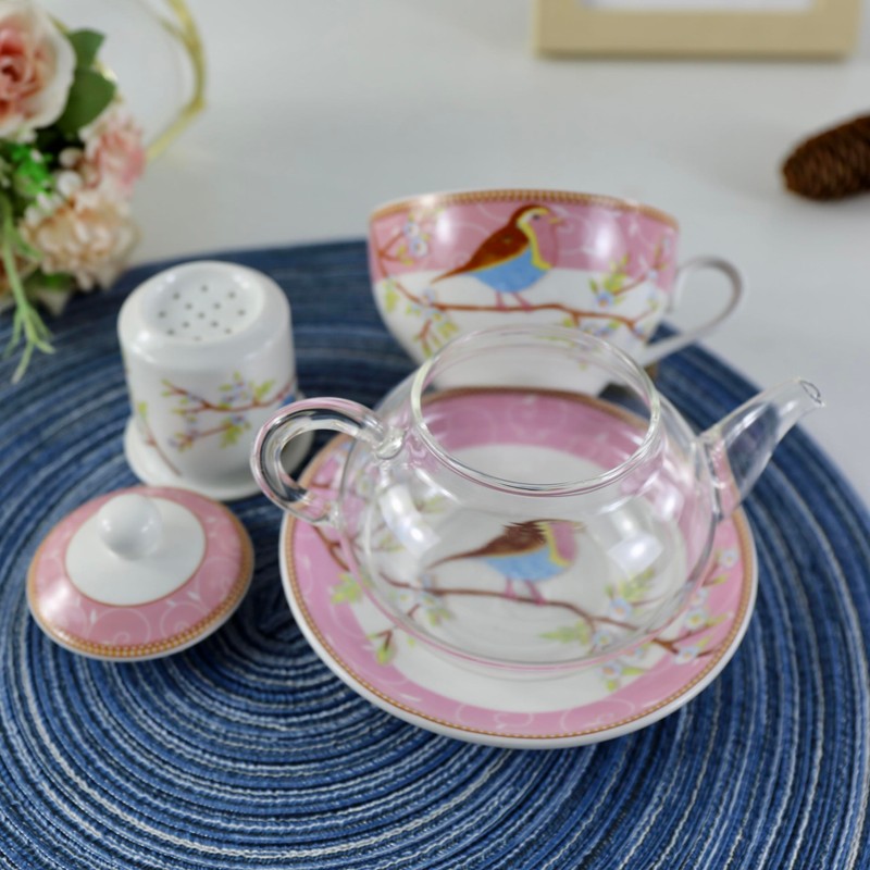 YBK Tech Tea for One Set, Glass Teapot with Porcelain