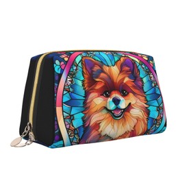 Novgift Pomeranian Stained Dog Breed Glass Art Leather Makeup Bag Travel Cosmetic Bag For Women Large Capacity Makeup Pouches