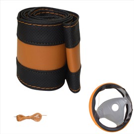 Steering Wheel Cover PU Leather Car Steering Wheel Cover for Lacing Sewing with Needle and Thread Special Sport Design M3 Black Orange Universal Size 37-38 cm