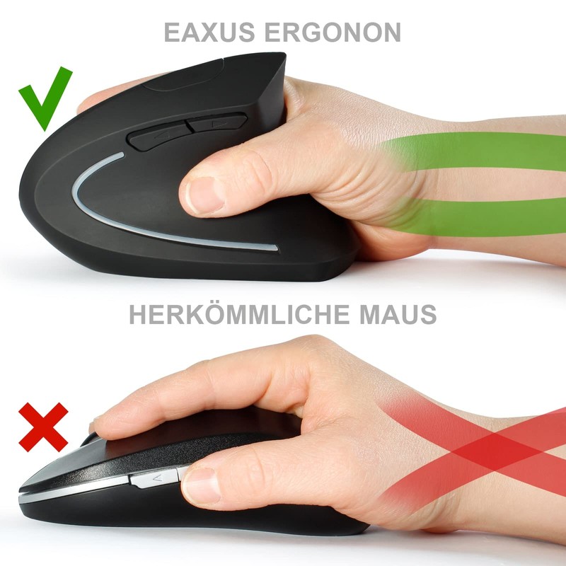 Eaxus® Ergonon Vertikale Maus kabellos - Hochkant USB Maus ergonomisch,