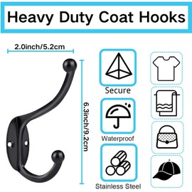 GlazieVault Black Coat Hooks for Wall - Stainless Steel Coat Racks(10 Pack) - Heavy Duty Coat Hooks Wall Mounted - Premium Design Rust Free Door Hooks for Hanging (Black Hooks Pack 10)