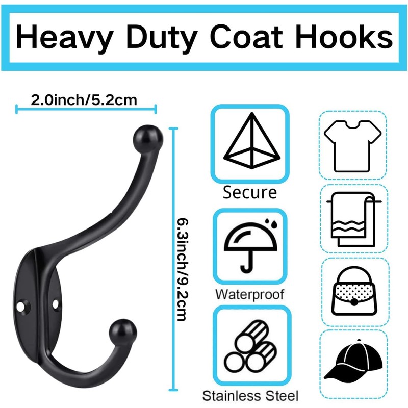 GlazieVault Black Coat Hooks for Wall - Stainless Steel Coat