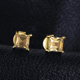 JewelryPalace Square 0.6ct Natural Citrine Stud Earrings for Women, Yellow Solitaire Natural Gemstone 925 Sterling Silver 14k Yellow Gold Plated Earrings for Girls, Anniversary Earrings for Her