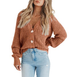 PRETTYGARDEN Womens Long Sleeve Cardigan Sweaters for Women Dressy, Button Down Soft Knitted Short Cardigans (Light Orange,X-Large)