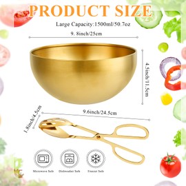 Supkiir - Ensaladera de acero inoxidable con pinza de ensalada dorada, 9.8 x 4.5 pulgadas, 55 onzas, tazón de cocina dorado, tazón grande para servir para mezclar cocina, hornear, preparar, ensalada,