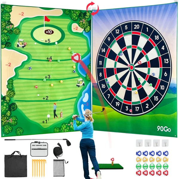 90Go Double-Side Golf Chipping Game & Dart Target Mat with Golf Club and 20 Sticky Balls，6Ft x 5Ft Supersize Golf Training Mat,Ideal Gifts for Adults and Family Kids Play Indoor Outdoor